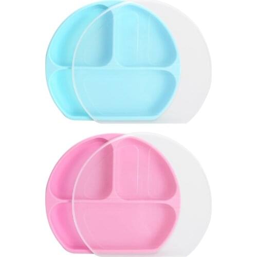 Food Grade Silicone Toddler Plate Pink Divided Suction Base Grip Dish with Lid F3ME