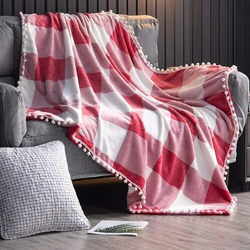 Plaid Print Flannel Blanket With Tassel Decorative Ball Children Adult Sofa Throw Blanket For Living Room Bedroom
