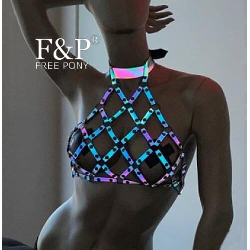Rainbow Reflective Leather Harness Outfit Lingerie Burning Man Festival Costume Gogo Pole Dance Wear Clothes