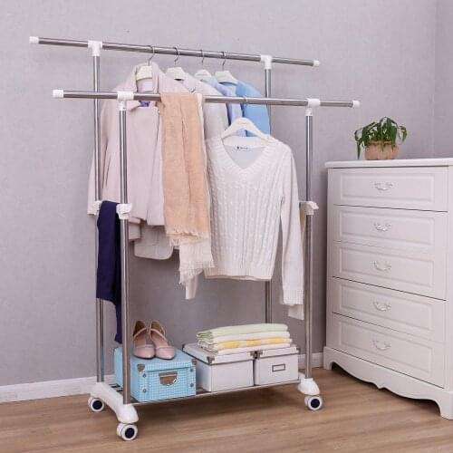 Double Rail Garment Rolling Rack Hall Clothing Stand Adjustable Clothes Drying Rod Holder with Wheel DQ1701