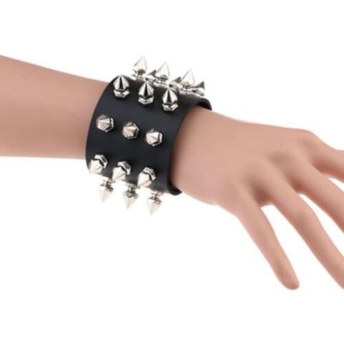 Punk Gothic Rock Cuspidal Spikes Rivet Cone Stud Wide Leather Cuff Bracelet Wristbands Charm Bangle Fashion Unisex Jewelry