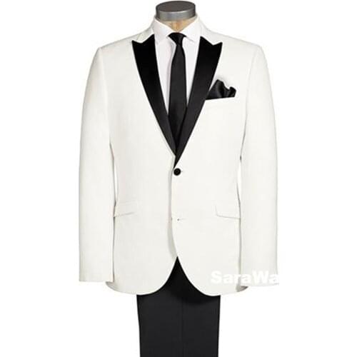 Custom Made Groom White Tuxedo, Bespoke white tuxedo jacket black lapel, Tailored White Jacket with Black Pants,Peak Satin Lapel