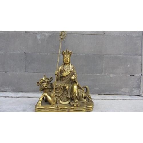 Tibet Temple Brass Copper Ride Lion Jizo arhat Lohan Buddhist monk Buddha Statue