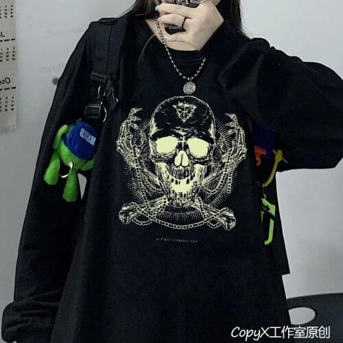 Y2K Crew Neck Hoodie Womens Skull Gothic Black Cotton Oversized Sweatshirt Punk Skull Harajuku Hooded Jacket Streetwear