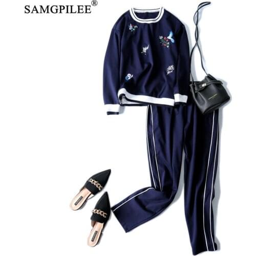 2 Piece Sets Womens Outfits 2020 Full Sleeve Casual Embroidery O-neck Elastic Waist Print Full Length Two Piece Set Women 4XL