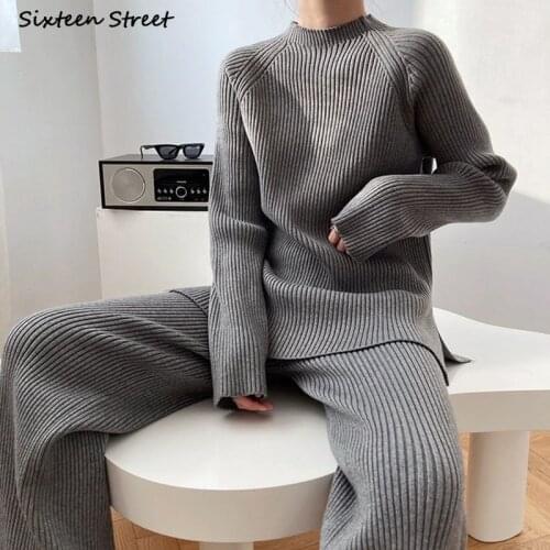 Chic Blue 2 Piece Sets Woman Autumn Split Sweater + High Waisted Pants Female Vintage Oversized Winter Two Piece Suits Female