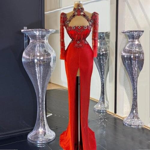 3D Flower Evening Dress Long Sleeve High Neck Beaded Sexy Prom Gown Elegant Celebrity Dresses with Fron Splited Vestido De Novia