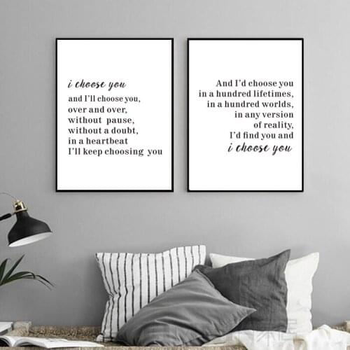 I choose you Poetry Black and White Waterproof ink poster Canvas Painting Poster Print Wall Art Pictures for Bedroom Wedding H
