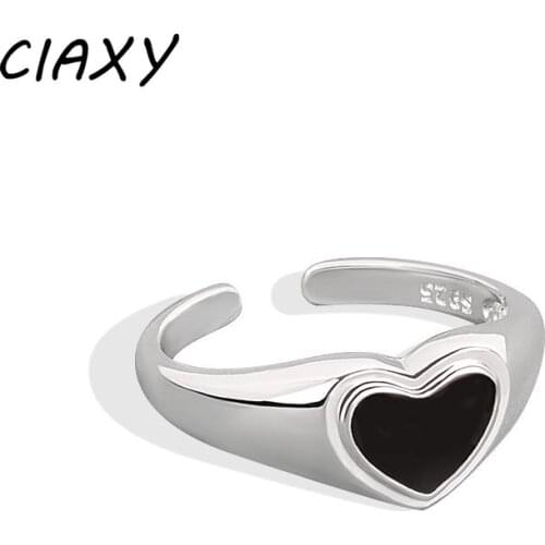 CIAXY 925 Sterling Silver Black Heart-shaped Ring Fashion Romantic Simple Cute Wedding Ring for Women Punk Party Jewelry Gift