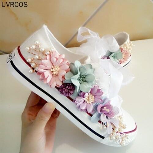 Sneakers Wedges Canvas Shoes Womens Casual Shoes Womens Handmade Custom Three-dimensional Sequins Flowers White Flat 2021