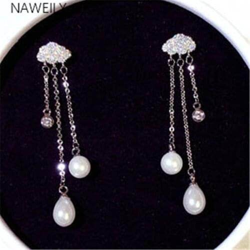 Korean Silver Color Cloud Rhinestone Long Earring 2020 New Fashion Imitation Pearl Tassel Earrings Women Jewelry