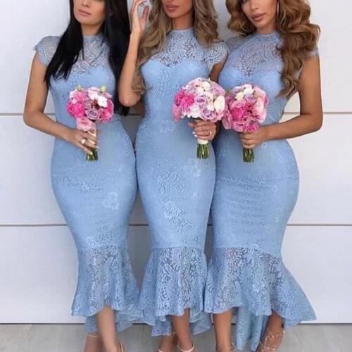 Lace bridesmaid dresses cheap 2020 crew neckline cap sleeve mermaid blue maid of honor dresses wedding party dresses