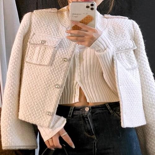 New Autumn Winter White Women Short jacket Ladies Runway Style Diamond Wool Tweed Woven Jacket