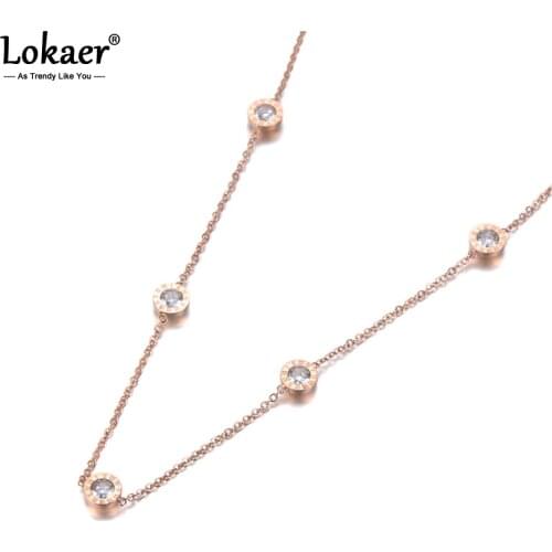 Lokaer Trendy Titanium Steel 5Pcs Roman Numeral CZ Crystal Pendant Necklaces Jewelry Rose Gold Wedding Necklace For Women N19101