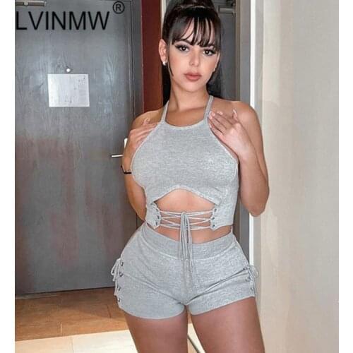 LVINMW Shorts Sets Hollow Out Backless Halter Sleeveless Tank Elastic High Waist Bottom Lace Up Skinny Jog Two Piece Set Women