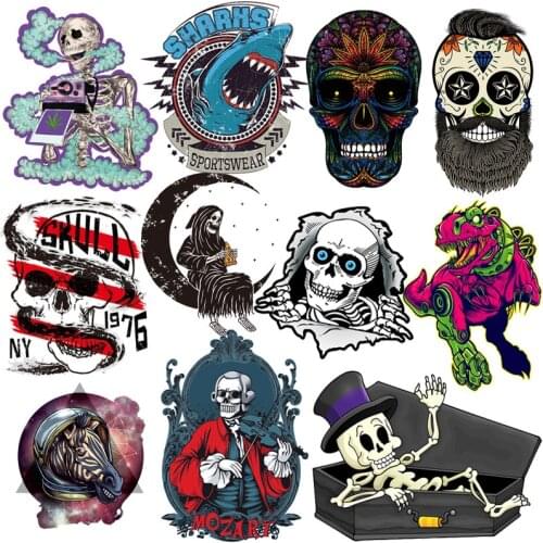 Punk Skull Patch for Clothing DIY Iron on Stickers Applique Heat Transfers Skull/Bike Custom Patches For T-shirt Stripes
