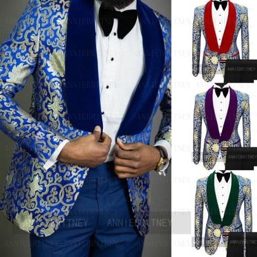 Brand New Designs Black Velvet Floral Printed Suits Men Slim Fit Groom Wedding Prom Dinner Tuxedo Tailored Blazer Pants 2 Piece