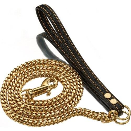 10mm Luxury Gold Stainless Steel Heavy Duty Pet Leash for Large Dogs Fashion Durable Dog Chain with Genuine Leather Handle 10A