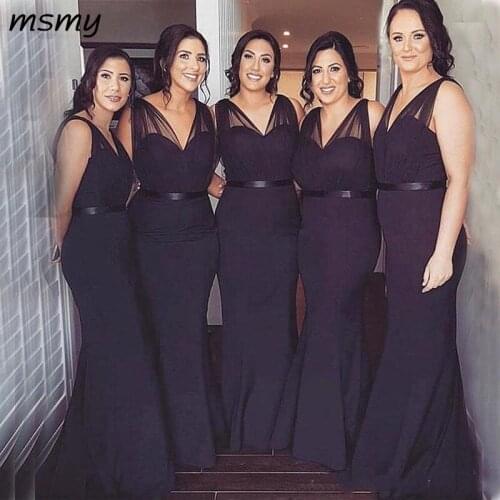 Simple Dark Purple Mermaid Sleeveless Long Bridesmaid Dresse V-neck Straps Formal Party Gowns