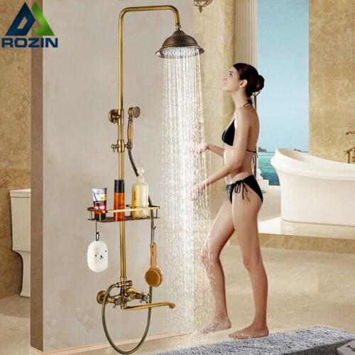 Luxury Bath Shower Faucet with Long Tub Spout Dual Handle Rainfall Shower Mixers Kit Brass Shelf Handshower Swivel Tub Can
