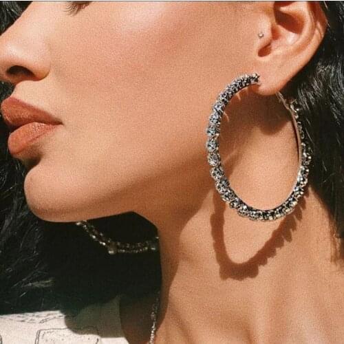 JUST FEEL 2020 Trendy New Round Circle Hoop Earrings For Women Shiny Full Rhinestones Earrings Girl Party Jewelry Gift Wholesale