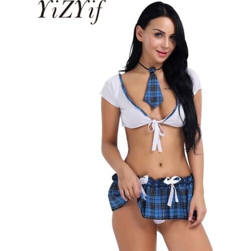YiZYiF Women Schoolgirl Cosplay Lingerie Set Anime Maid Role Play Uniform Crop Top And Mini Skirt Erotic Sexy Costumes