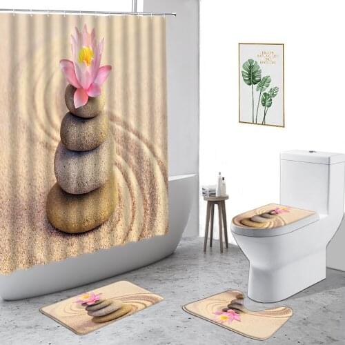 Beach Zen Stone Lotus Shower Curtain Home Bathroom Set Anti-Slip Carpet Toilet Cover Fabric Waterproof Bath Curtains With Hooks