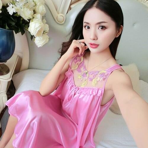 2018 Ladies Sexy Nightdress Lace V-neck Satin Nightgown Spring And Summer Ice Silk Sling Thin Section Nightdress