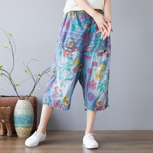 Women Bleached Vintage Ripped Washed Denim Pants Jeans ladies Elastic Waist Plus Size Print Denim Trousers Female Calf Length