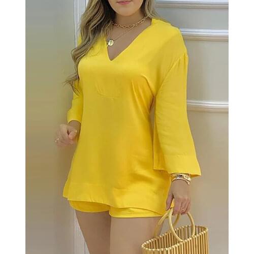Summer Women Plain Bell Sleeve V-Neck Top & Shorts Set 2021 New Femme 9 Styles Casual Long Sleeve Blouse & Short Pants Suits