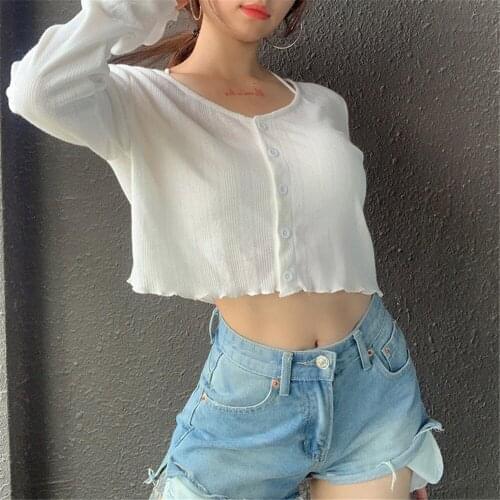 Women Single Breasted Button Down Crop Tops Long Sleeve Solid Color Loose Knitted Cardigan T-Shirts White Blue For Spring Autumn