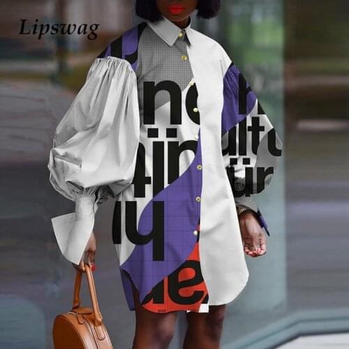 Vintage Patchwork Letter Print Casual Dress Women 2021 Fashion Lantern Sleeve Shirt Dress Office Lady Elegant Loose Mini Dresses