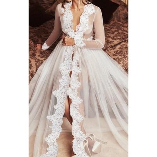 Women Ladies Sexy Elegant Long Sleeve See Through Lace Patchwork Party Club Beach White Bikini Cover Ups Maxi Dress