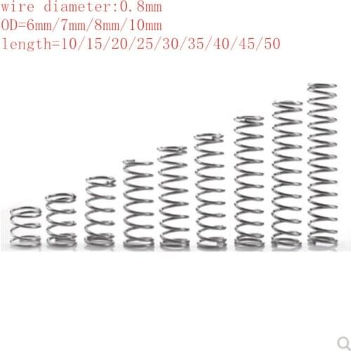 20pcs/lot 0.8mm Stainless Steel Micro Small Compression spring OD 6mm/7mm/8mm/10mm length 10mm to 50mm
