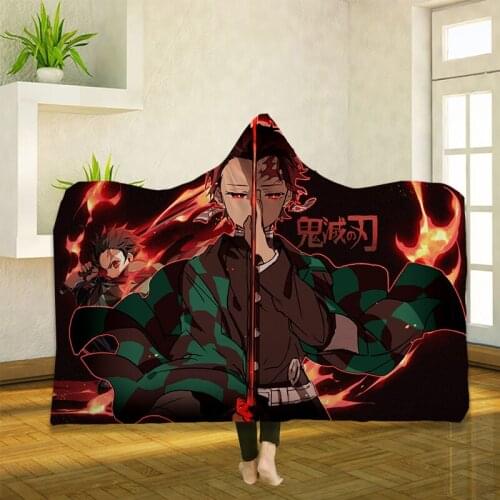 Anime Demon Slayer 3D Printing Throw Hooded Blanket Wearable Warm Fleece Bedding Office Quilts Soft Adults Travel 06