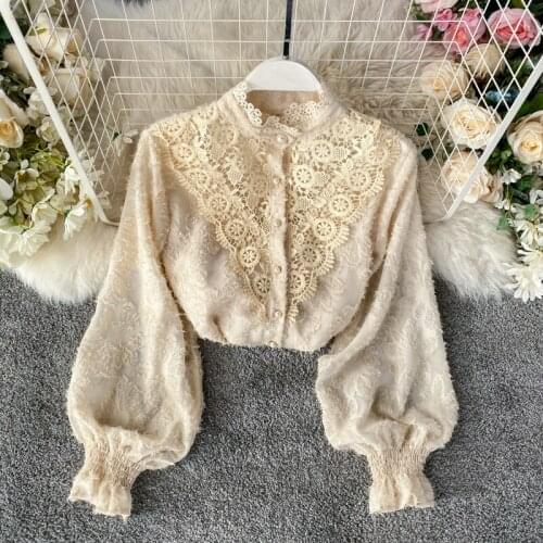 Stand Collar Lace Hook Flower Blouse Elegant Temperament Puff Long Sleeve Single Breast Blusas Autumn Spring Slim Shirt