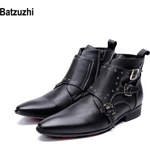 Batzuzhi Korean Type Fashion Men Shoes Boots Autumn Winter Black Leather Ankle Boots Men Pointed Toe Buckles zapatos de hombre
