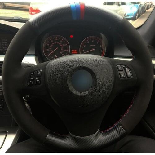 Car Steering Wheel Cover Hand stitched Black Carbon Fiber Leather Black Suede For BMW E90 320i 325i 330i 335i E87 120i 130i 120d