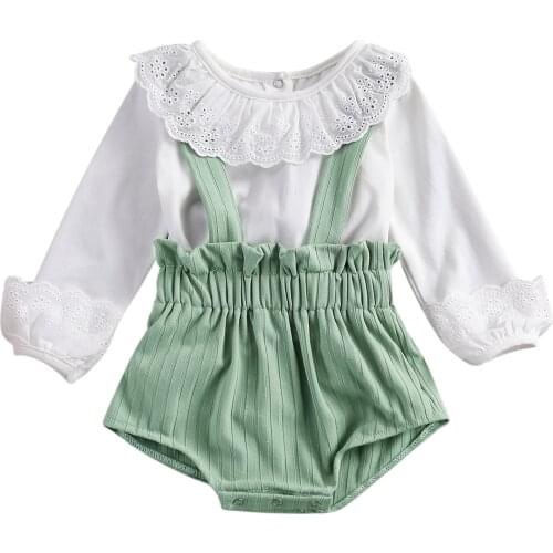 Baby Long Sleeve Lace Shirt + Shorts with Suspenders, Elastic Waist Lotus Leaf Decoration Cute Style Spring Clothing 2Pcs Set