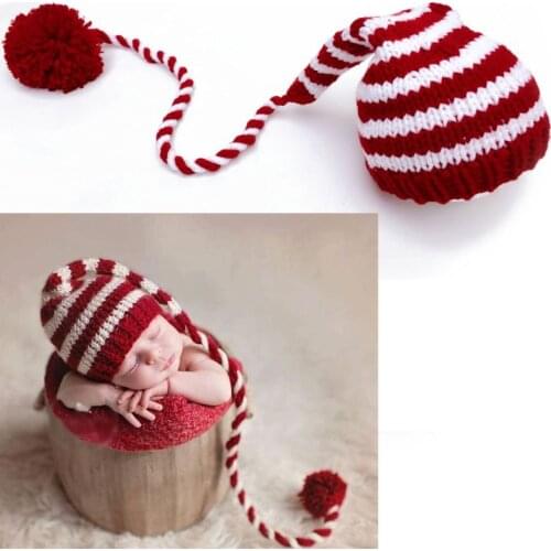 Baby knitting Long Tails Christmas Hat Newborn Photography Props Stripe Crochet Baby Hats Baby Props For Photography G99C