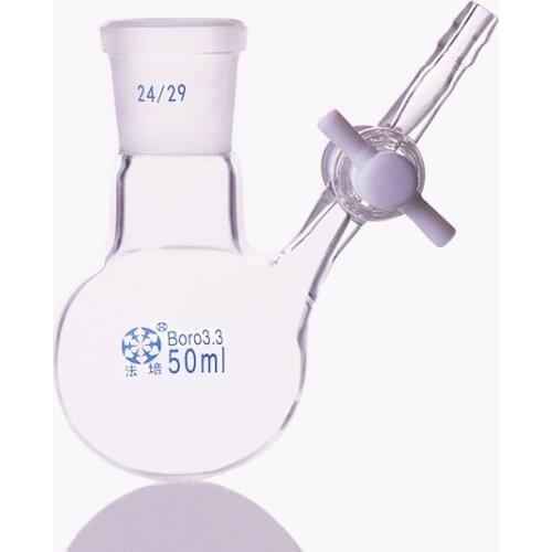 Single standard ground mouth reaction ball bottle,Capacity 50ml,Joint 24/29,PTFE switch valve,Reaction flask