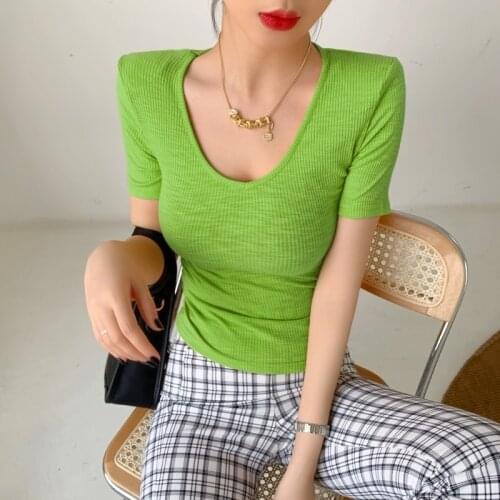 T-shirt Womens Short-sleeved 2021 Summer New Style Foreign Tight-fitting Shoulder Pad Deep V-neck Dhort Top