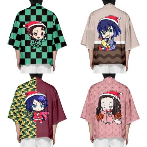 Kimono Anime Demon Slayer Cosplay Costume Kimetsu No Yaiba Kamado Tanjirou Cloak Haori Tops Casual Cool Streetwear Women Men