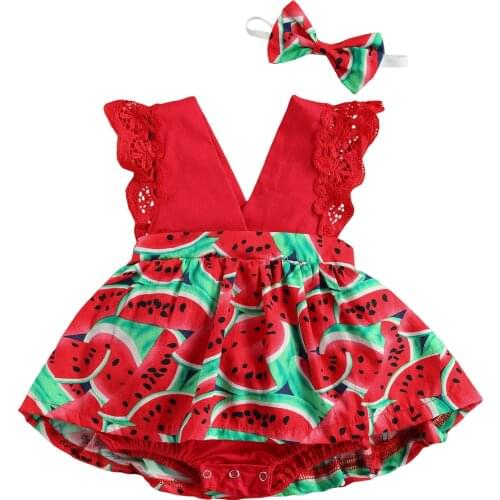 Cute Infant Baby Watermelon Print Clothes Set, Girls Sleeveless Deep V-neck Short Jumpsuit + Bow-knot Headband