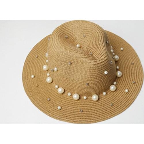 Korean Straw Sun Hat Lady Sunshade Sunscreen Pearl Jazz Casual Cap Women Summer Outdoor Beach Sun Protection Elegant Caps H7391