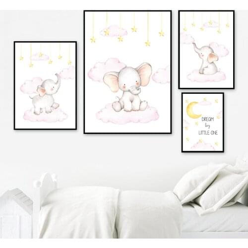 Cartoon Elephant Moon Star Cloud Poster Animal Nursery Art Print Wall Picture Canvas Painting Nordic Kid Baby Bedroom Decoration