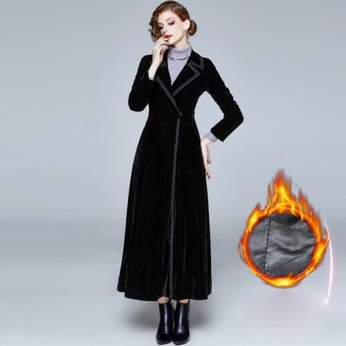 New Thick Velvet Long Coat Women Autumn Winter 2021 Elegant Fashion Suit Collar Plus Cotton Liner Warm Slim Long Overcoat