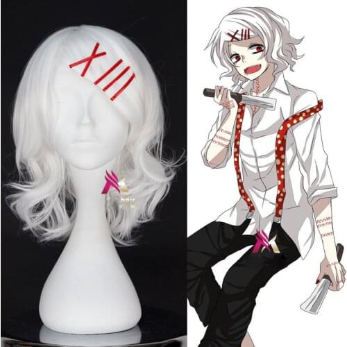 Anime Tokyo Ghoul Juzo Suzuya Juuzou Wig Pure White Heat Resistant Synthetic Hair Cosplay Wigs + Wig Cap + 5 Red Hairpins