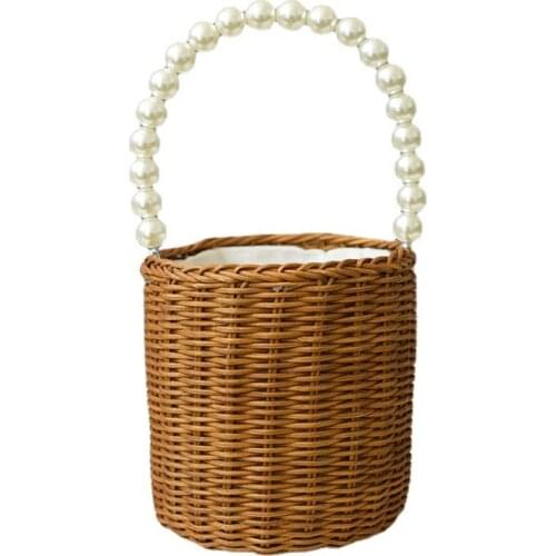 New Bohemian Rattan Woven Women Handbags Pearl Handle Round Drawstring Storage Bag Female Carrying Basket Summer Beach Straw Bag