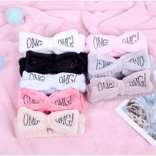 Girls SPA Wide Headband Cute Bowknot OMG Letters Embroidered Hairband Elastic Makeup Flannel Turban Candy Color Headwrap 8 Color